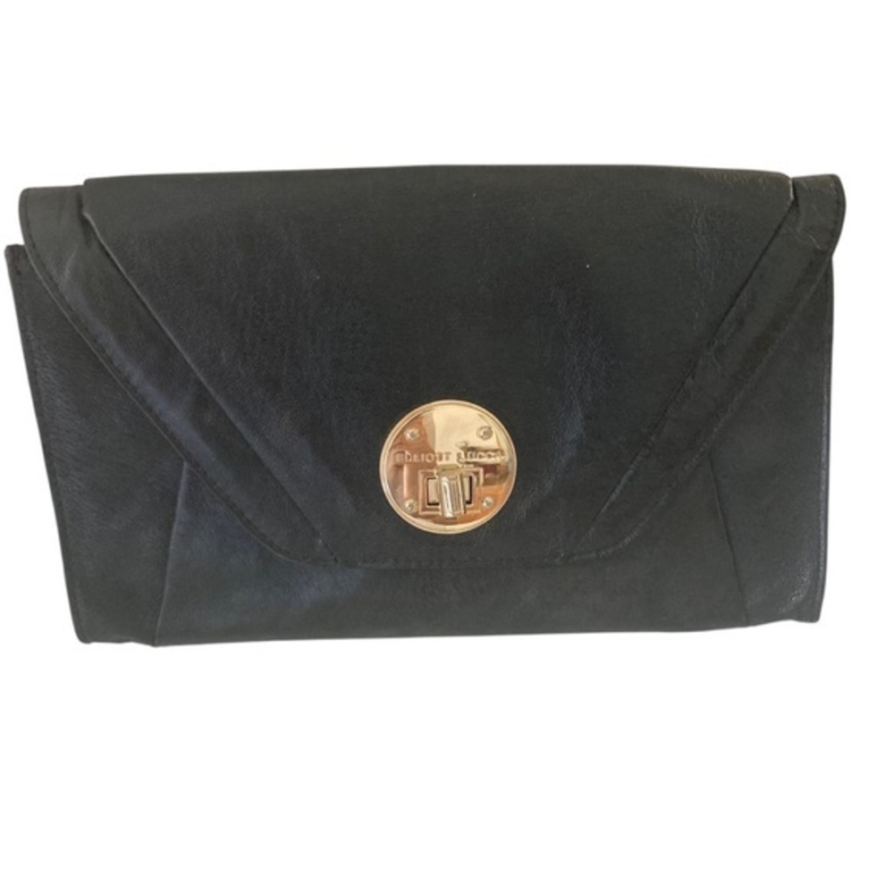 Elliott Lucca Black Leather Clutch Gold Turn Lock Envelope Bag